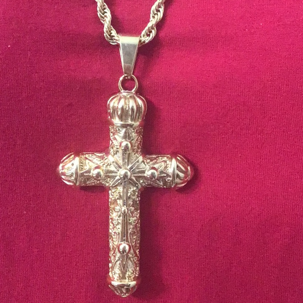 Gold Stainless Steel Fancy Crown Cross w/ Rope Chain.